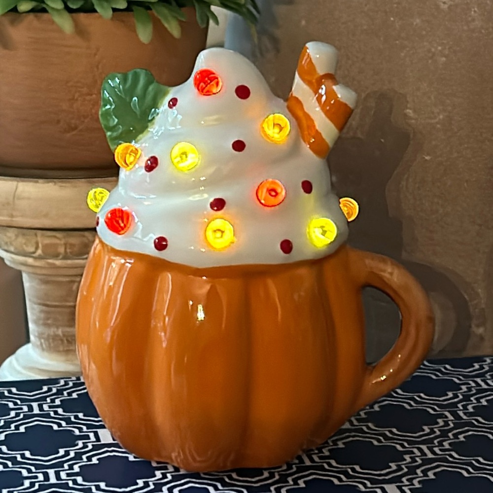 NEW! LIGHTED Fall Harvest Ceramic Pumpkin Spice Latte Coffee
